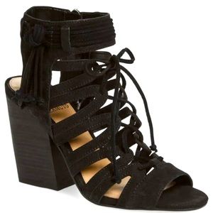 Vince Camuto Ranata Black Leather Gladiator Heels with Block Heel, size 8.5